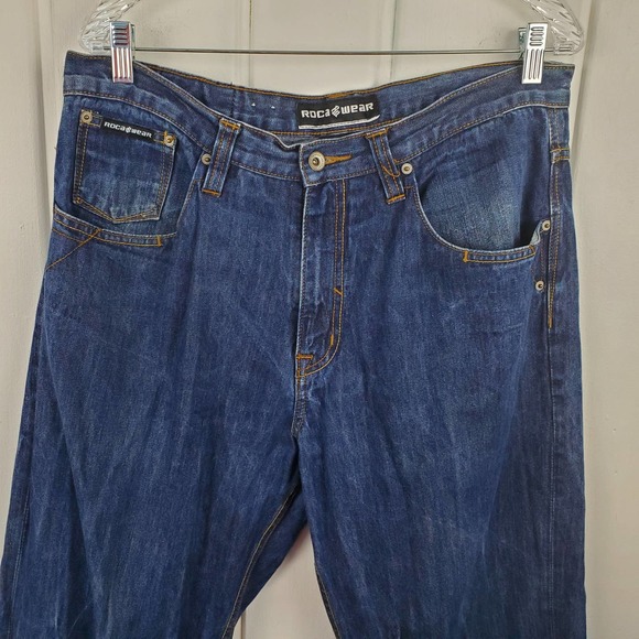 Y2K Roca Wear Streetwear Embroidered Baggy Men's Size 36W 34L Jeans - Picture 2 of 10